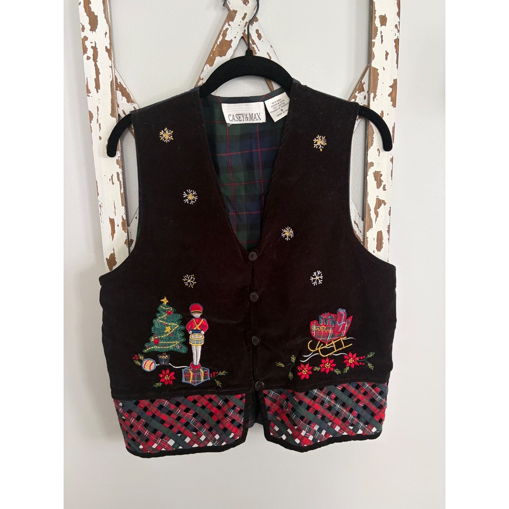 Black Velvet Embroidered Vest Christmas Lattice Plaid‎ Detail Small